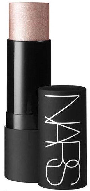 En svart läppstiftstift med NARS-loggan, och täcket är borttaget för att visa ett rosa-nude läppstift.