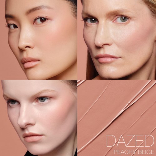 Three women with light skin and natural makeup, and makeup brushes with peachy beige background.
