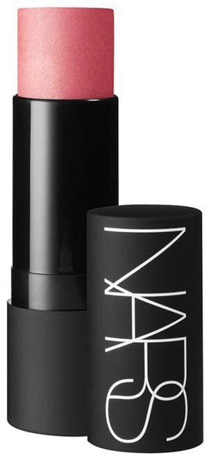 Ein NARS-Lippenstift mit rosa Pflege innen und schwarzen Behälter mit weißem NARS-Logo.