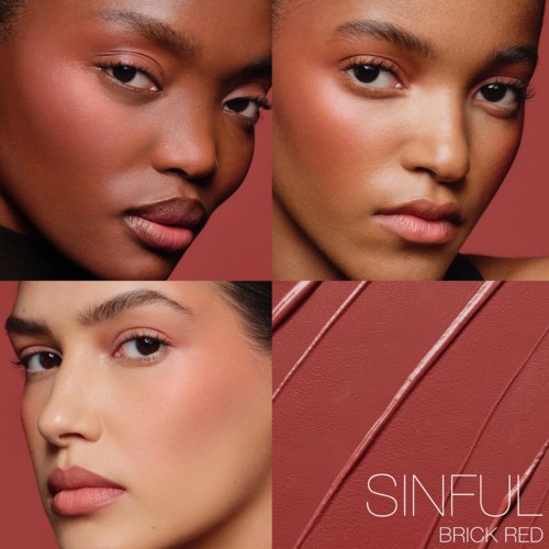 Two women with different skin tones and makeup, and a close-up of red textured material with the word 'SINFUL'.