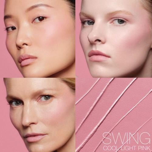 Four women with natural makeup, close-up portraits, and a pink background. The bottom right has thin lines and the text "SWING COOL LIGHT".