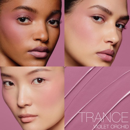 Four women with different skin tones and makeup, close-up portraits, pink backgrounds, beautiful and natural looks.