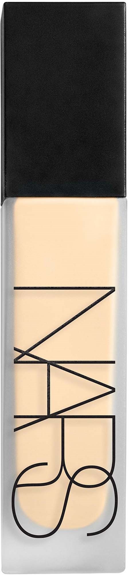 NARS flydende foundationflaske med sort låg, klar krop og sort logo tekst.