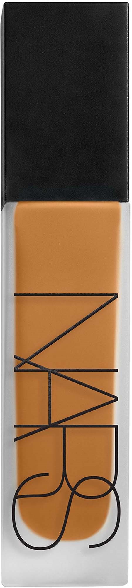 NARS væskefundamentrør med sort låg og gennemsigtig krop, der viser beige produkt. Logoet er på røret.