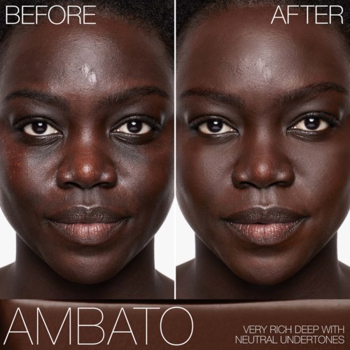 Sammenligning af en kvinde før og efter brug af Ambato hudpleje, viser forbedring af huden og makeup.
