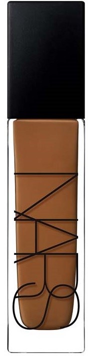 A bottle of NARS liquid foundation with a black cap and transparent container showing the brown makeup inside.