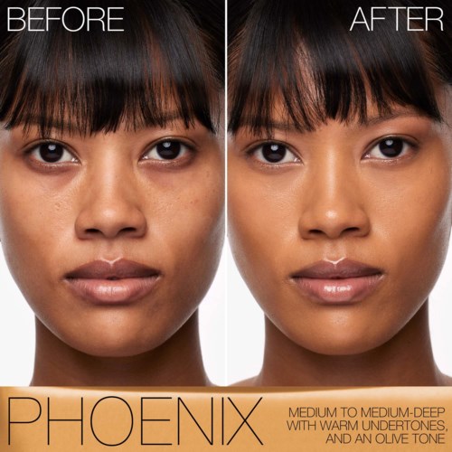 Side-om-side før og efter billeder af en kvinde, der viser klarere hud efter brug af et hudplejeprodukt. Teksten lyder PHOENIX medium til medium-dyb med varme undertoner og olivetonet.
