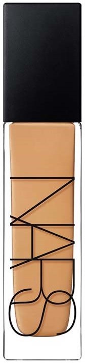 NARS foundationflaska med svart lock och genomskinlig kropp som visar den beige vätskan inuti.