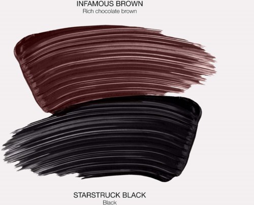 Kaksi rohkeaa meikkirajaa, yksi suklaarouda nimeltä Infamous Brown ja toinen syvä musta nimeltä Starstruck Black.