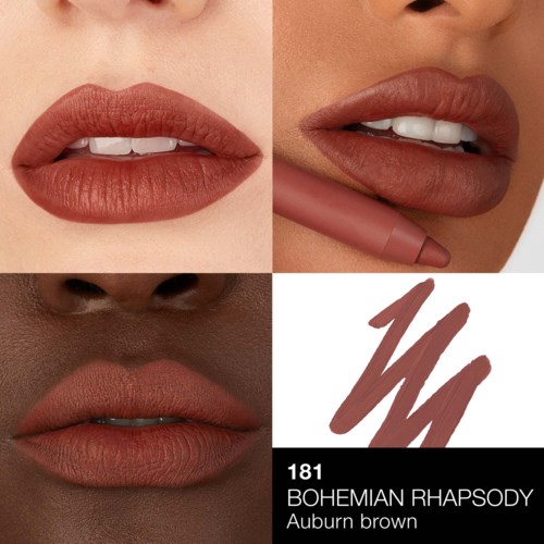 Drei Frauen zeigen Lippen mit auburn brauner Lippenstift, verschiedene Hauttöne, leicht offene Münder, einige halten Lippenstift.