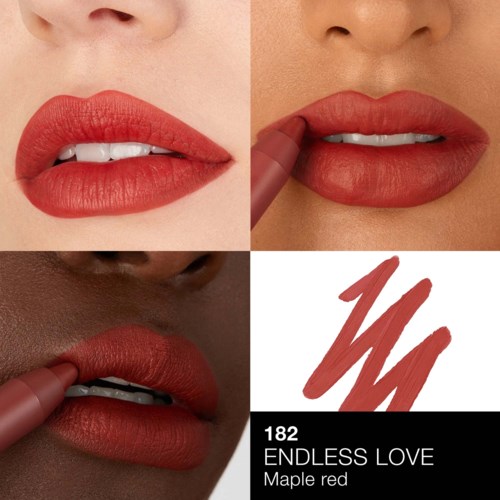 Drei Nahaufnahmen von Lippen mit rotem Lippenstift. Ein Lippenstift und Farbtest werden ebenfalls gezeigt.