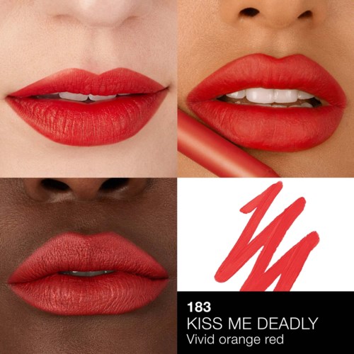 Nahaufnahme von drei verschiedenen Lippen mit orange-roter Lippenfarbe, zeigt verschiedene Hauttöne und Lippenformen.