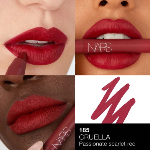 Nahaufnahme von Lippen mit rotem Lippenstift, zeigt verschiedene Hauttöne und Swatches von NARS Passionate Scarlet Red.