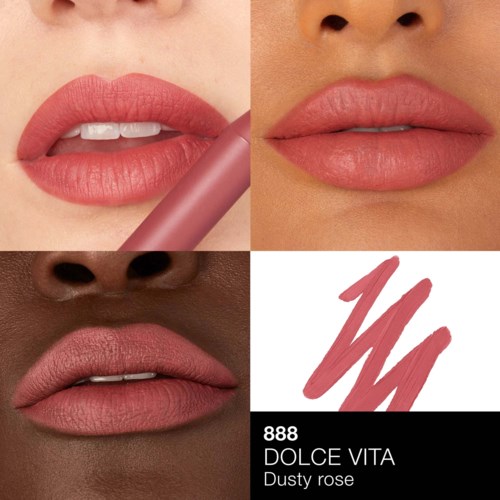 Drei Frauen mit unterschiedlichen Hauttönen tragen dusty pink Lippenstift, darunter ein Lippenstiftmuster und Markenname.