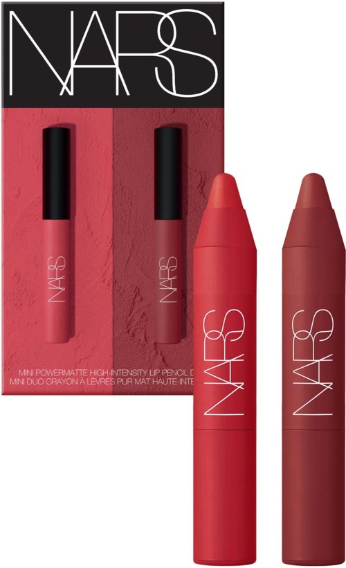 Two NARS lip paints in shades of pink and red, with a NARS logo and packaging shown.