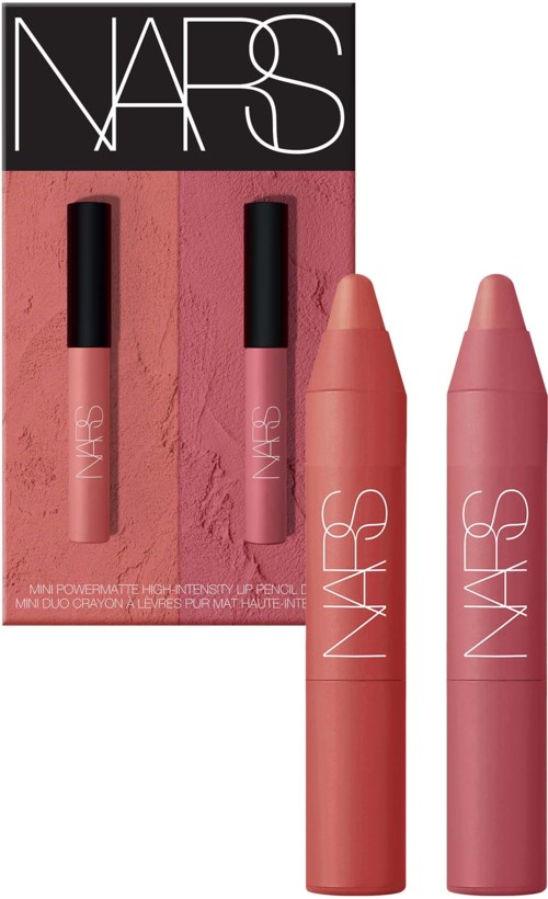 NARS makeup product with two lip crayons, one matte, one shiny, in pink shades, with black and pink packaging.