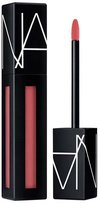 NARS läppglansrör med svart lock, rosa produkt synlig inuti och NARS-logga på locket.