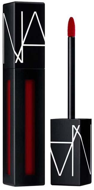 En NARS läppglans eller flytande läppstift i rött med svart flaska och vit text, samt en applikator.