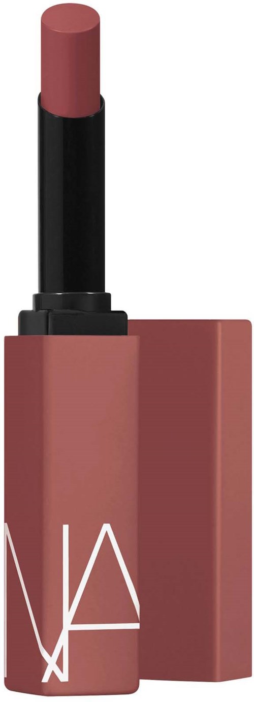 Ein Lippenstift mit schwarzer Basis und rosa Farbton, teilweise aus einem rosa Gehäuse mit weißen Text.
