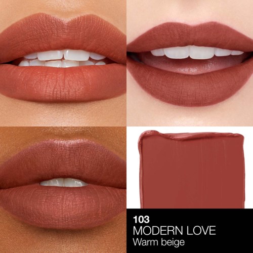 Vier Bilder zeigen Lippen mit verschiedenen Tönen von warmem beige Lippenstift, darunter eine Farbmuster mit der Bezeichnung 103 MODERN LOVE.