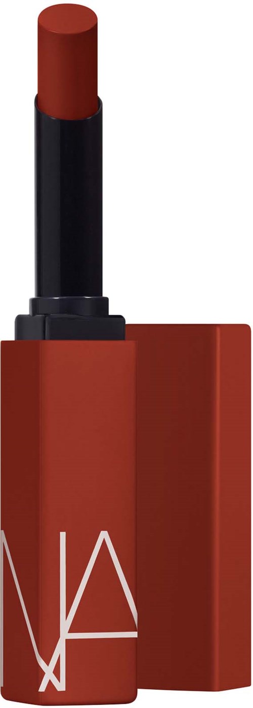 Ein roter Lippenstift mit schwarzem Boden, steht senkrecht mit Deckel daneben.