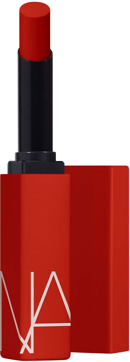 Ein roter Lippenstift mit schwarzer Hülse und einem schlichten weißen Logo auf der Tube.