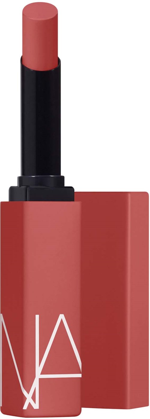 A lipstick in a red case with cut-out logo, showing the lipstick stick extended. The color is a soft pinkish-nude.