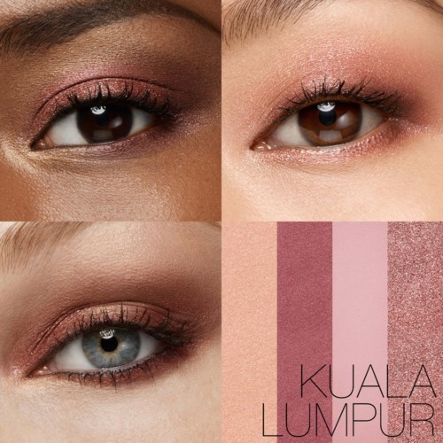 Tre närbilder av ögon med makeup och en ögonskuggs-palett i rosa och bruna nyanser.