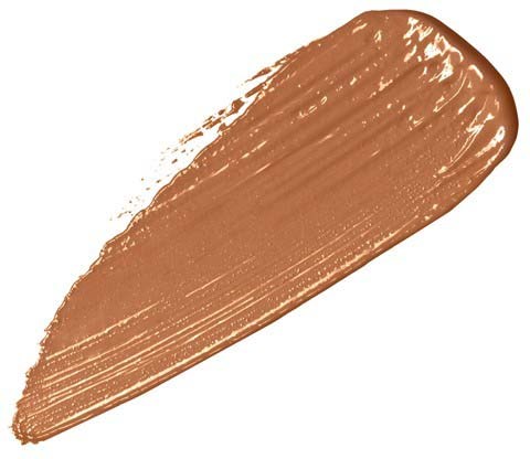 Ein dicker, gekrümmter Streifen aus braunem Make-up oder Farbe auf weißem Hintergrund.