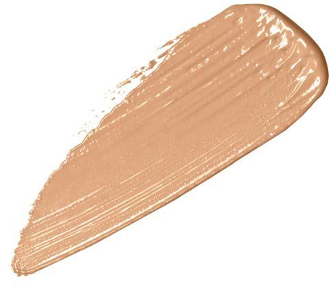 Ein beiger Make-up-Pinselstrich, glatt und gebogen, erstreckt sich über einen weißen Hintergrund.