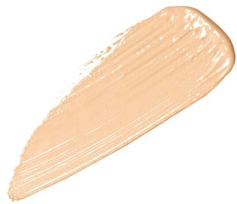 Ein beigefarbener Make-up-Grundierstrich mit strukturierter, ungleichmäßiger Oberfläche und abgerundeten Kanten.