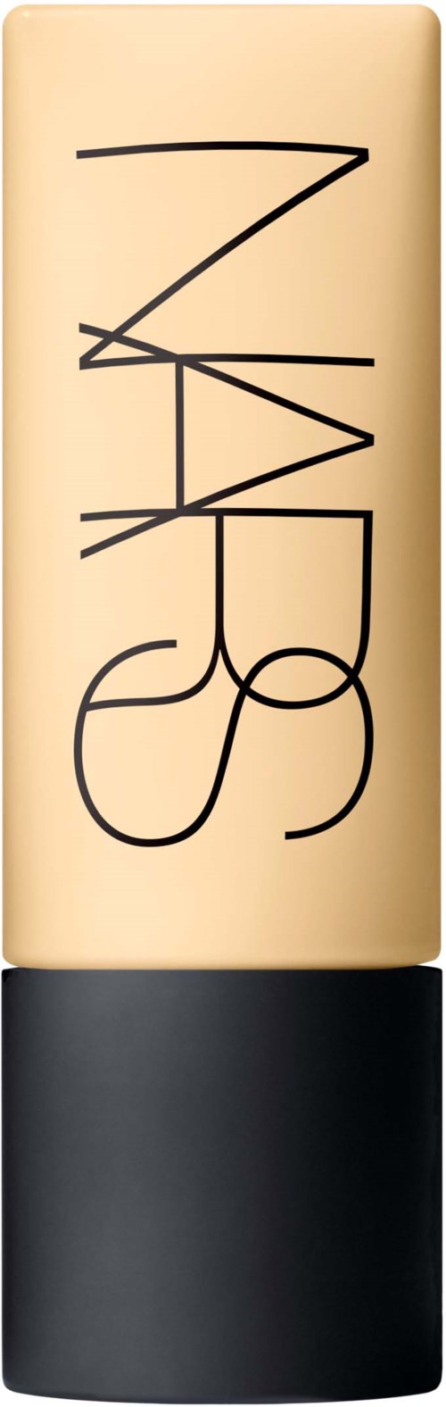 Een beige lippenstift met zwart "NARS"-logo en zwarte dop.