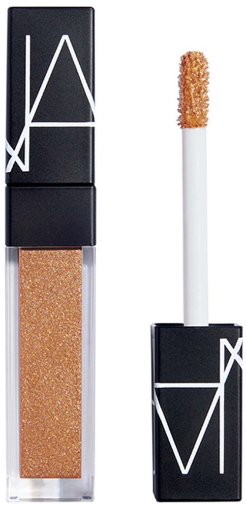 NARS flytande highlighter med svart lock och vitt varumärke, visar applicatorn och skimrande bronsfärgad makeup.