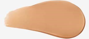 En beige makeupfoundationprovs första med en slät, rundad kant på en vit bakgrund.