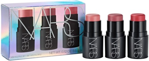 NARS mini lip balm set with three small, pink-tinted lip balms in black containers.
