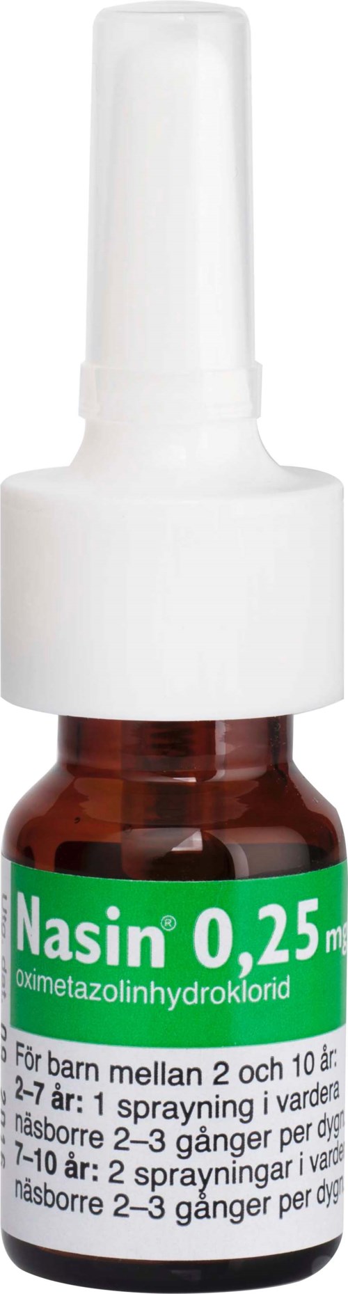 Medikamentenflasche mit Spraykopf und grünem Etikett für Kinder, enthält eine Nasenspraylösung.