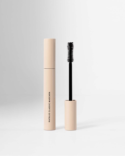 A mascara tube with a brush outside, labeled 'MAZLI CLASSIC MASCARA', displayed against a plain background.