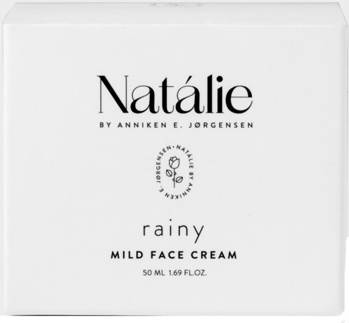 En eske med Natalí mild ansiktskrem av Anniken E. Jørgensen, merket som rainy og 50 ml.