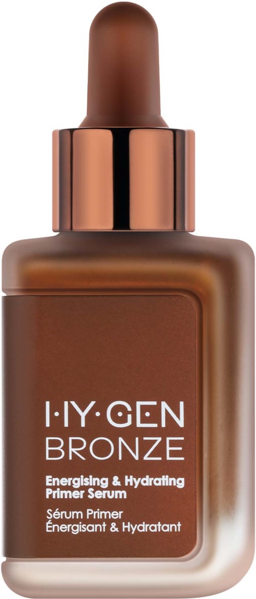 En brun hudvårdsflaska med pipett, märkt ILY-GEN BRONZE, främjar energigivande och återfuktande primerserum.