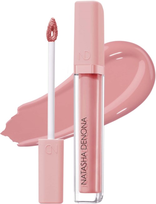 Läppglans i rosa med applicator, placerad på en smet av liknande läppglansfärg.
