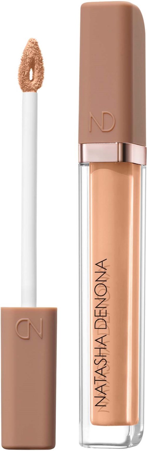 Flytande concealer i en genomskinlig tub med en nudefärgad lock och en applikatorborste.
