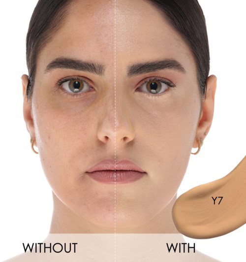 En kvinnas ansikte som visar klar hy efter att ha applicerat foundation, med en makeup-svamp i närheten.