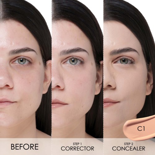 Bildsekvensen visar hudförbättringar, inklusive ett före-läge, användning av en korrigerare och concealer.
