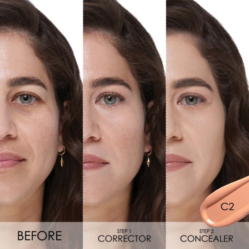 En kvinna visar en tydlig hudförbättring genom hudvårdssteg märkta före, corrector och concealer.