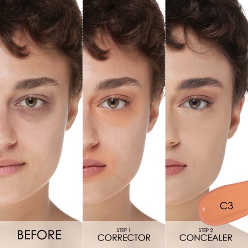 Ramsan visar en kvinnas ansikte före, med korrigeringsmakeup och med concealer för slätare hud.
