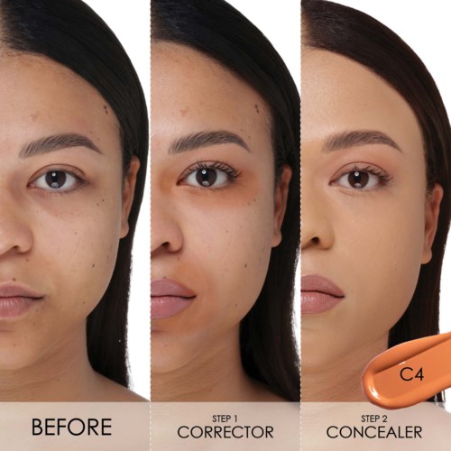 En kvinna genomgår tre makeup- steg: före, med korrigerare och med concealer, som visar förändringen i hennes hud.