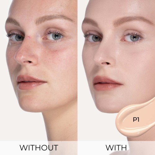 Före- och efterbilder visar tydligare hud med makeup eller hudvård. Den andra bilden har en lätt foundation eller primer.