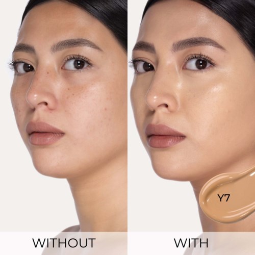 Före och efter bilder som visar förbättrat hudtillstånd med makeup eller hudvård. Klarare, slätare och jämnare hudton.