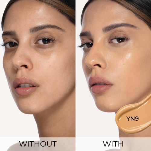 Bilderna visar en kvinnas ansikte före och efter hudvård eller makeup. Den till höger ser glansigare och slätare ut.