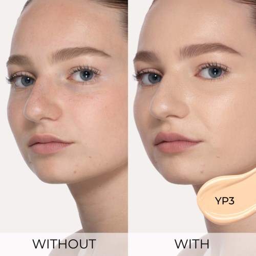 Före- och efterbilder som visar tydlig hud med och utan produkten YP3.